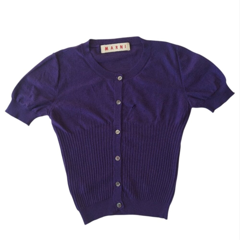 Marni Cashmere Cropped Cardigan Size 38 Purple Button Front Fitted Stretch Short
